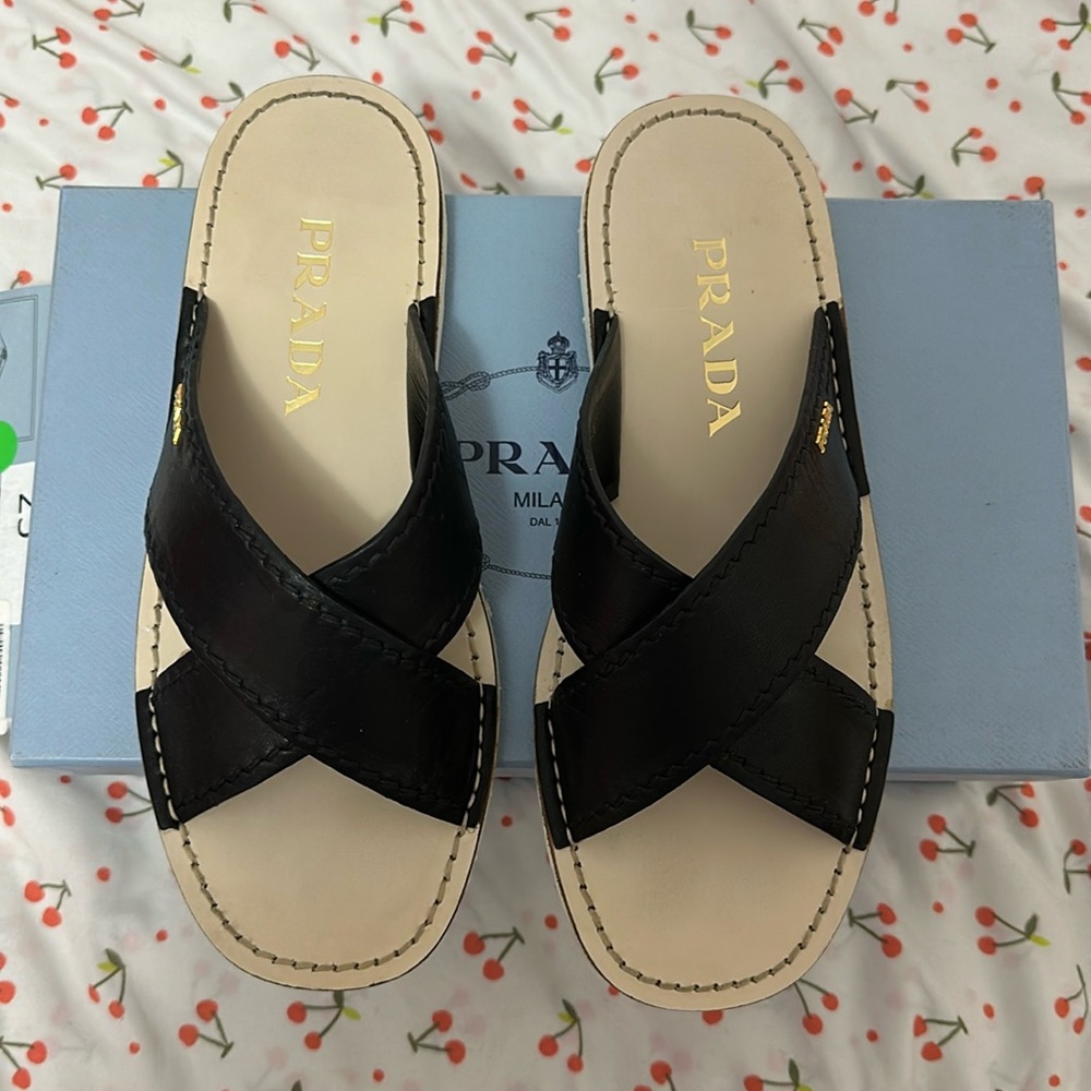 PRADA criss cross leather slides